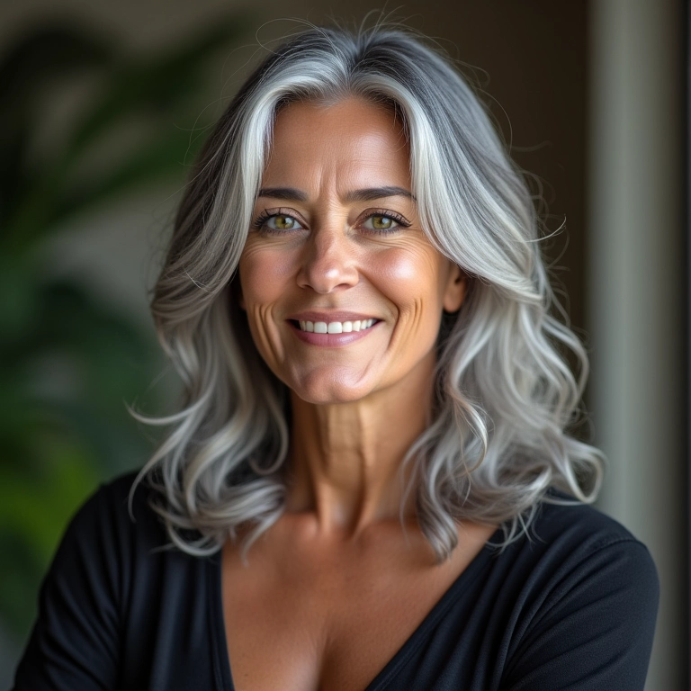 Mulher brasileira madura e elegante com cabelos grisalhos, sorrindo com confiança.