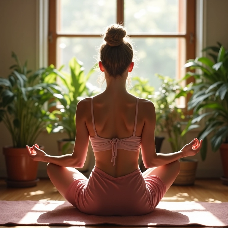 Mulher brasileira meditando em um espaço tranquilo e iluminado.