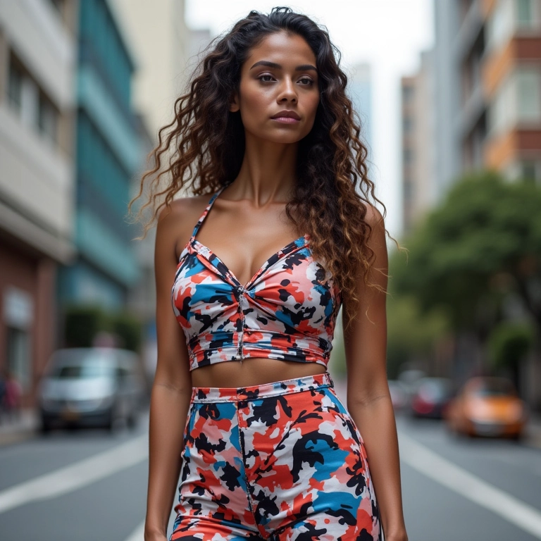 Mulher brasileira moderna usando roupa com estampa geométrica em São Paulo.