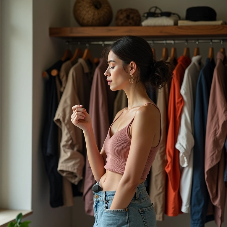 Mulher brasileira montando looks para diferentes ocasiões em seu apartamento.