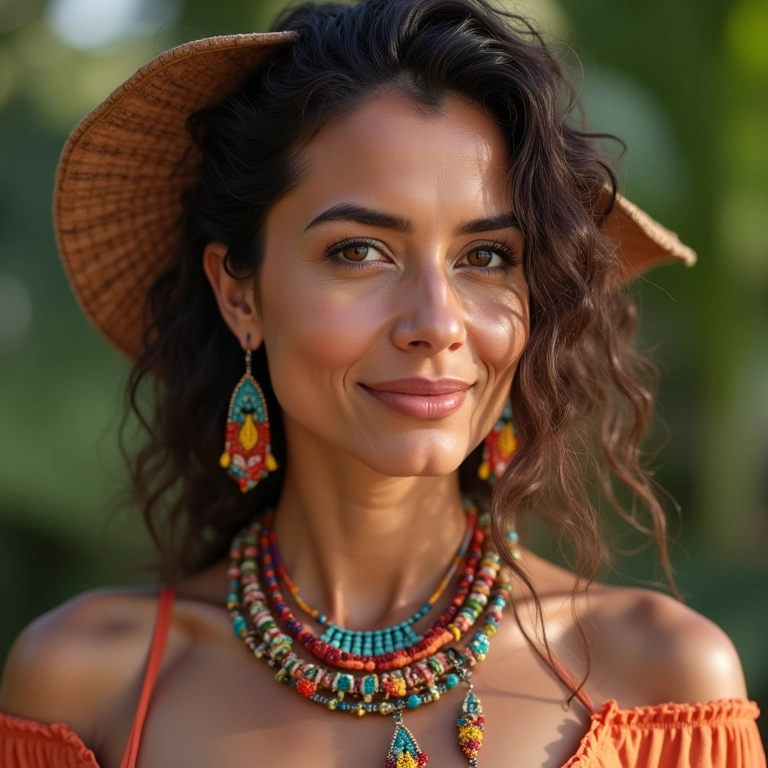 Mulher brasileira mostrando acessórios coloridos e artesanais, destacando a importância na moda brasileira.
