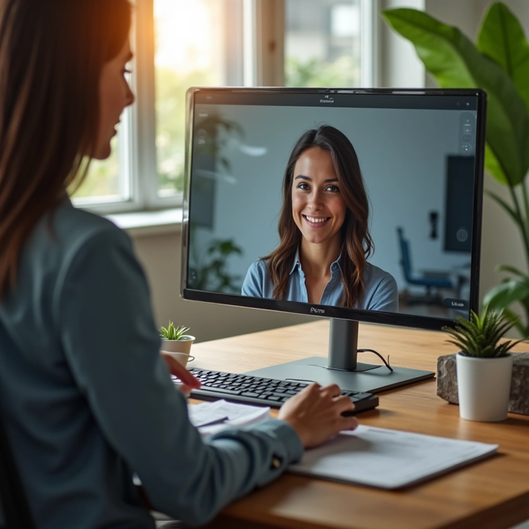 Mulher brasileira oferecendo consultoria online por videochamada.