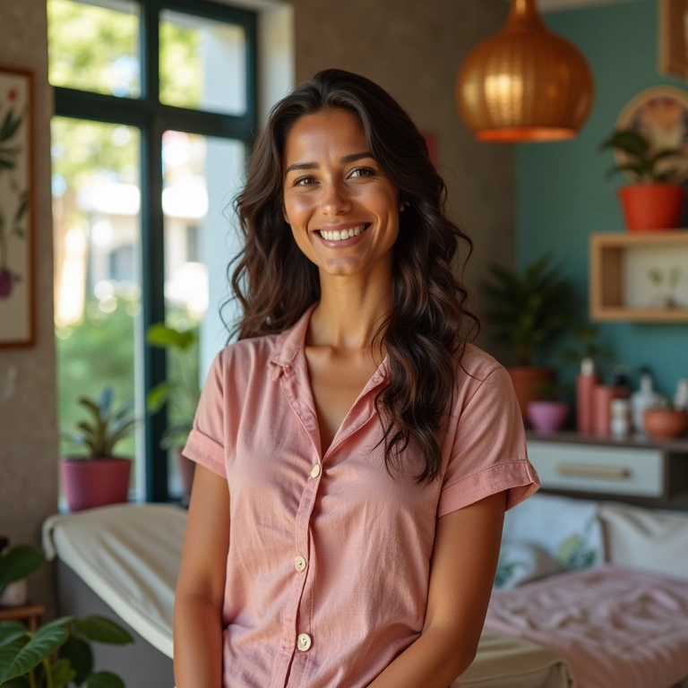 Mulher brasileira oferecendo serviços de beleza e bem-estar em seu salão.