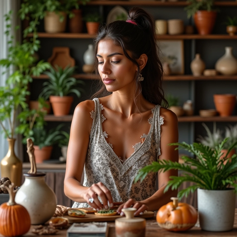 Mulher brasileira organizando produtos artesanais em sua loja virtual.