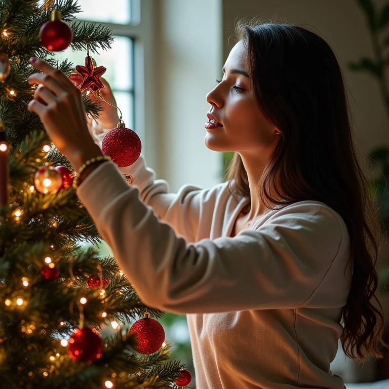 Mulher brasileira personalizando sua árvore de Natal com enfeites feitos à mão.