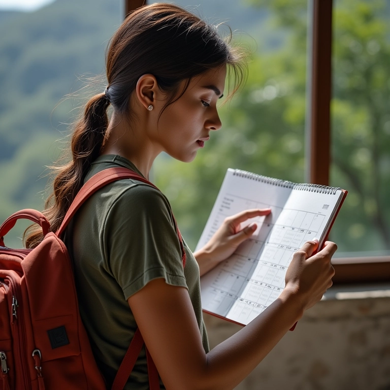 Mulher brasileira planejando sua viagem para Machu Picchu, consultando calendário.