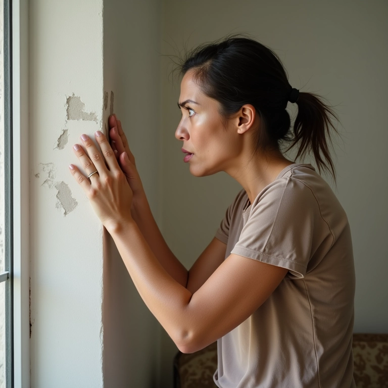 Mulher brasileira preocupada cheirando parede com mofo.