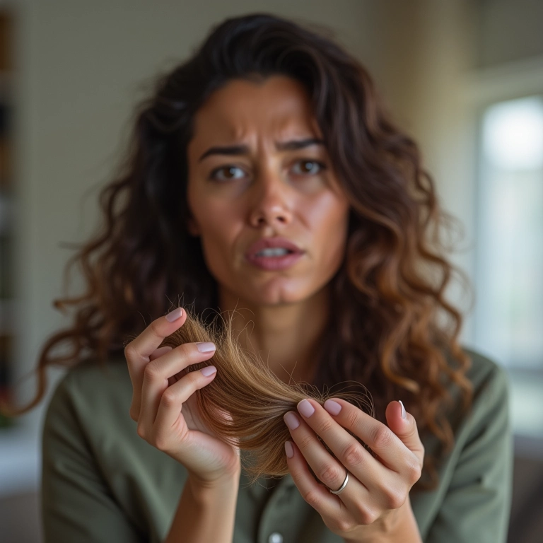 Mulher brasileira preocupada olhando para um tufo de cabelo na mão, queda pós-parto.
