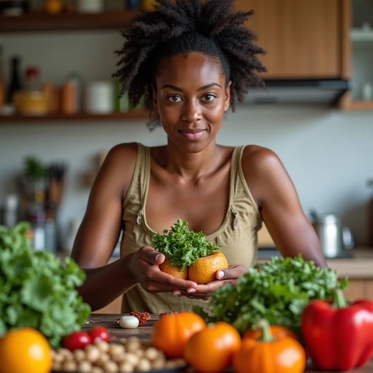 Mulher brasileira preparando refeição saudável.