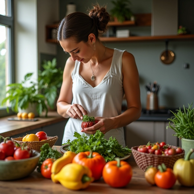 Mulher brasileira preparando uma refeição saudável e colorida, foco em alimentação equilibrada para evitar queda de cabelo.