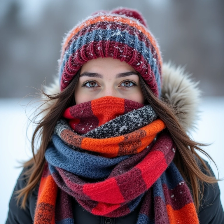 Mulher brasileira protegendo o rosto do frio com cachecol ou balaclava colorida.