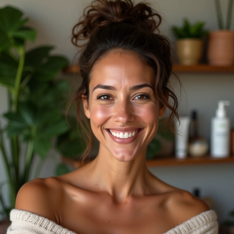 Mulher brasileira radiante com pele jovem e saudável sorrindo em casa.