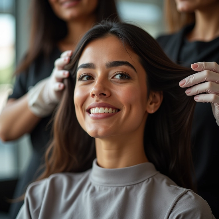 Mulher brasileira recebendo um tratamento capilar em um salão de beleza.