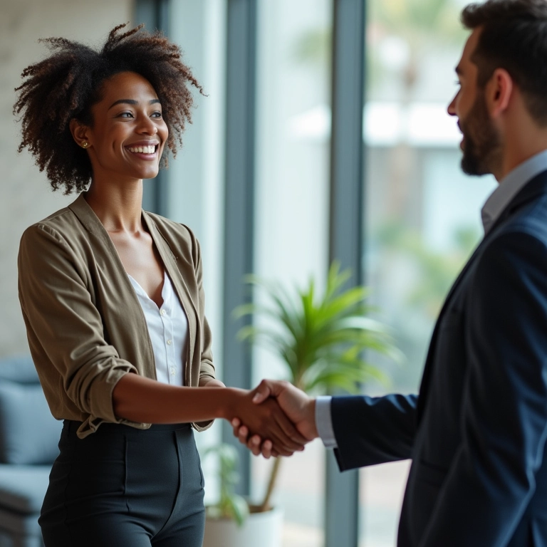 Mulher brasileira recebendo uma oferta de emprego em um escritório moderno.