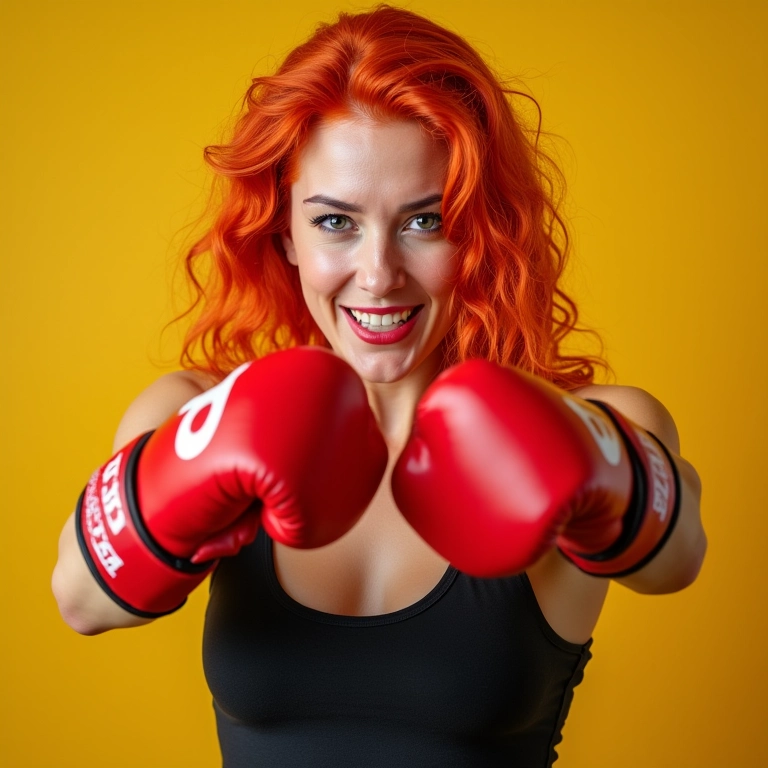 Mulher brasileira ruiva e enérgica com luvas de boxe, emanando confiança e determinação.