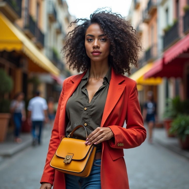 Mulher brasileira segurando uma mini bolsa estilosa em um cenário urbano vibrante.