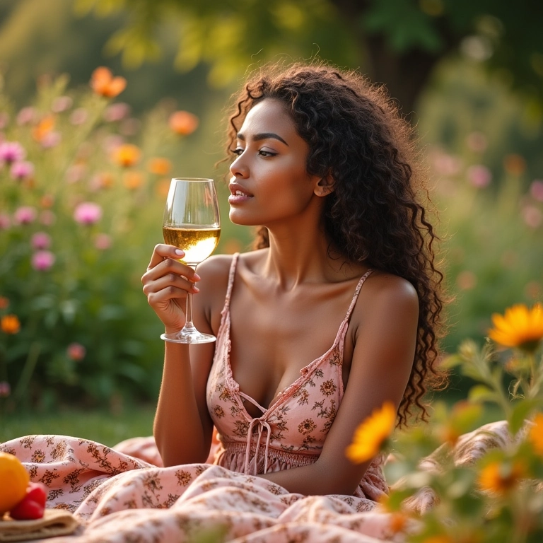 Mulher brasileira serena aproveitando um piquenique em um jardim florido, apreciando um momento de prazer.