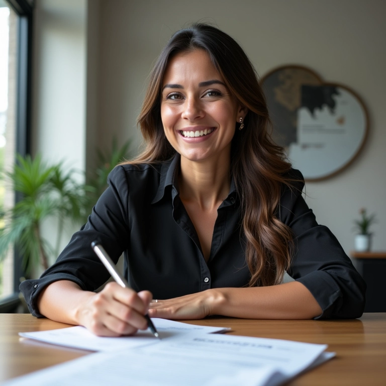 Mulher brasileira sorrindo ao assinar documentos oficiais para seu novo negócio.