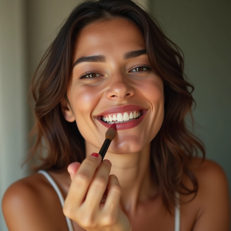 Mulher brasileira sorrindo aplicando maquiagem para foto de perfil.