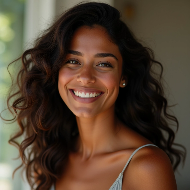 Mulher brasileira sorrindo com cabelo 2A saudável e ondas suaves.