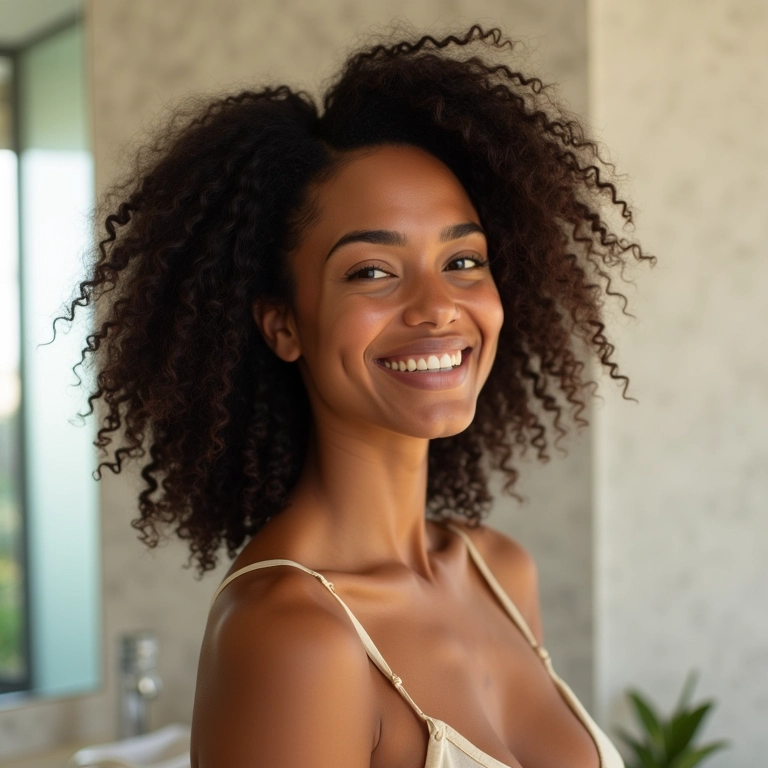 Mulher brasileira sorrindo com cabelo 2C definido e brilhante.