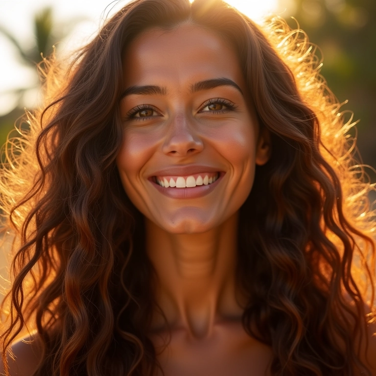 Mulher brasileira sorrindo com cabelo brilhante e saudável sob a luz do sol.
