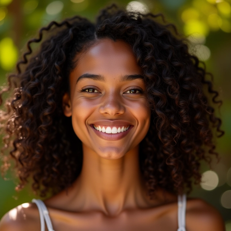 Mulher brasileira sorrindo com cabelo cacheado 3B brilhante e definido.