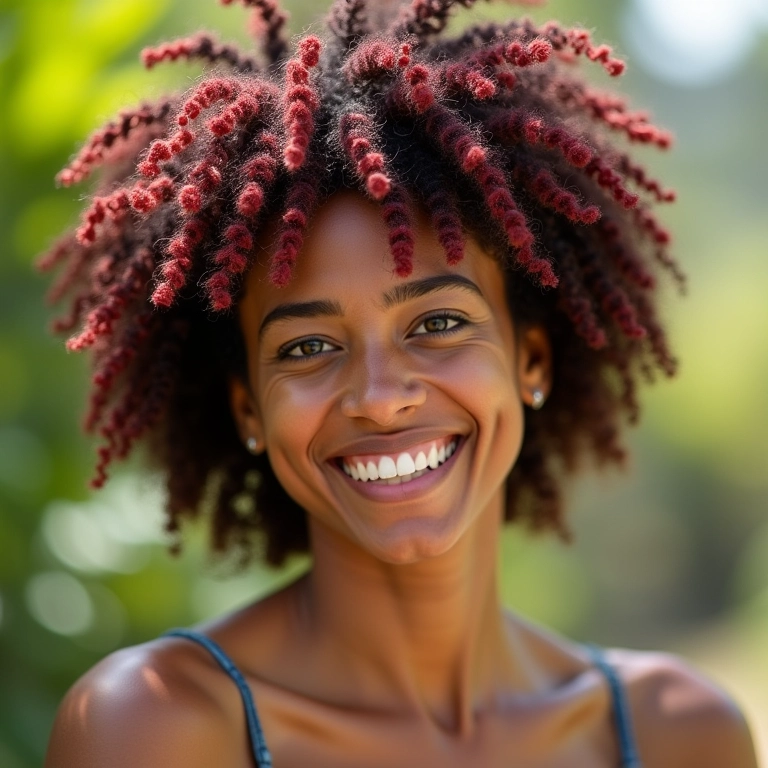 Mulher brasileira sorrindo com cabelo cacheado curto e vibrante em ambiente externo.