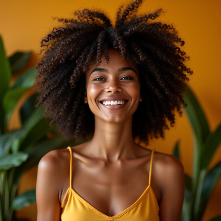 Mulher brasileira sorrindo com cabelo cacheado em transição capilar.