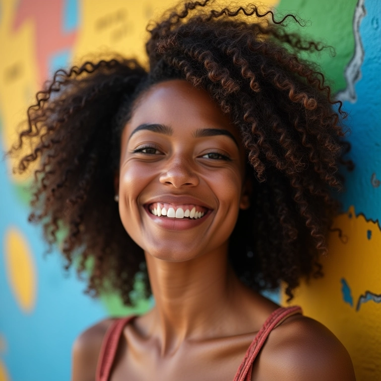 Mulher brasileira sorrindo com cabelo cacheado em transição, Rio de Janeiro ao fundo.