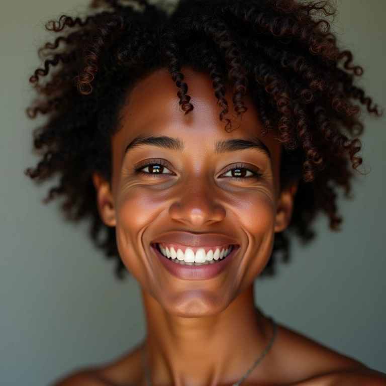 Mulher brasileira sorrindo com cabelo curto cacheado exibindo diferentes penteados estilosos.