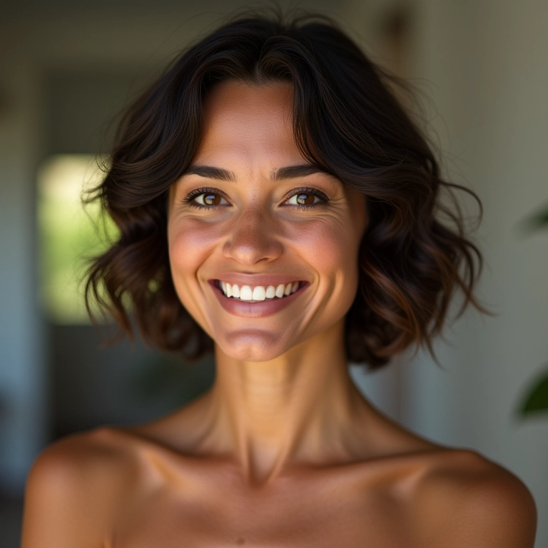 Mulher brasileira sorrindo com cabelo curto e ondulado.