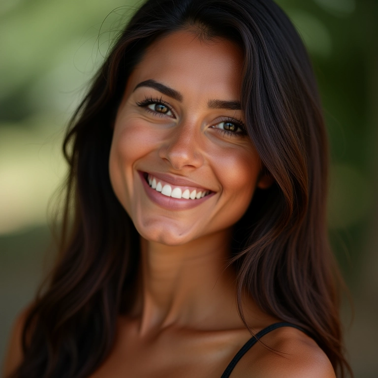 Mulher brasileira sorrindo com cabelo liso e sem frizz.