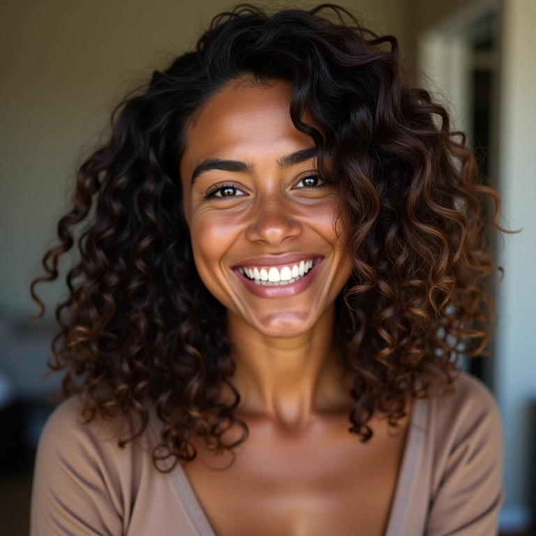 Mulher brasileira sorrindo com cabelo ondulado 2B com frizz controlado.