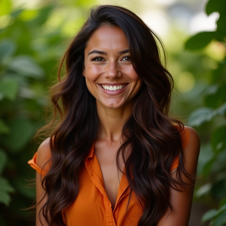 Mulher brasileira sorrindo com cabelo saudável e brilhante.