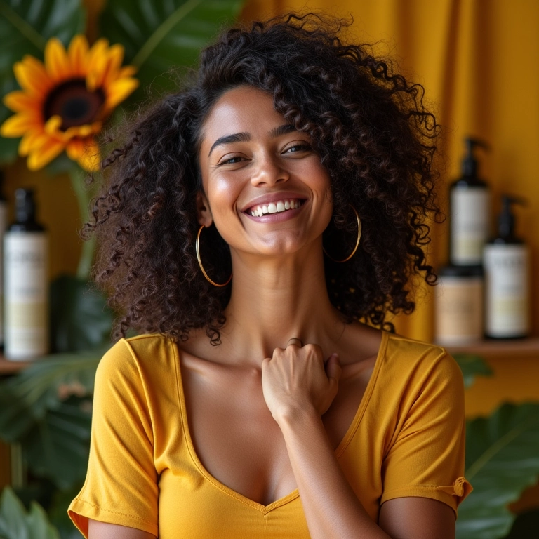 Mulher brasileira sorrindo com cabelos quimicamente tratados, cercada por decoração vibrante e produtos de cabelo.