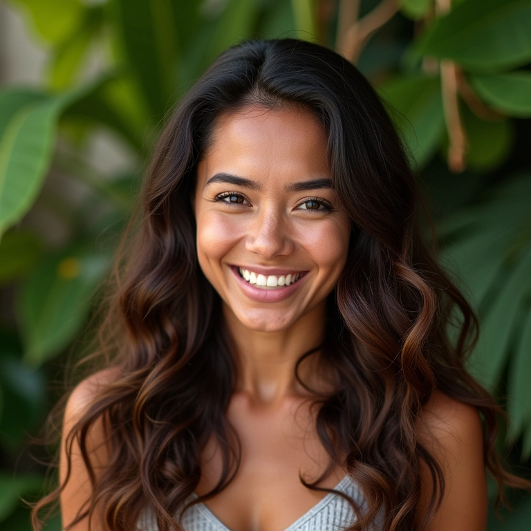 Mulher brasileira sorrindo com cabelos saudáveis e brilhantes em fundo tropical.