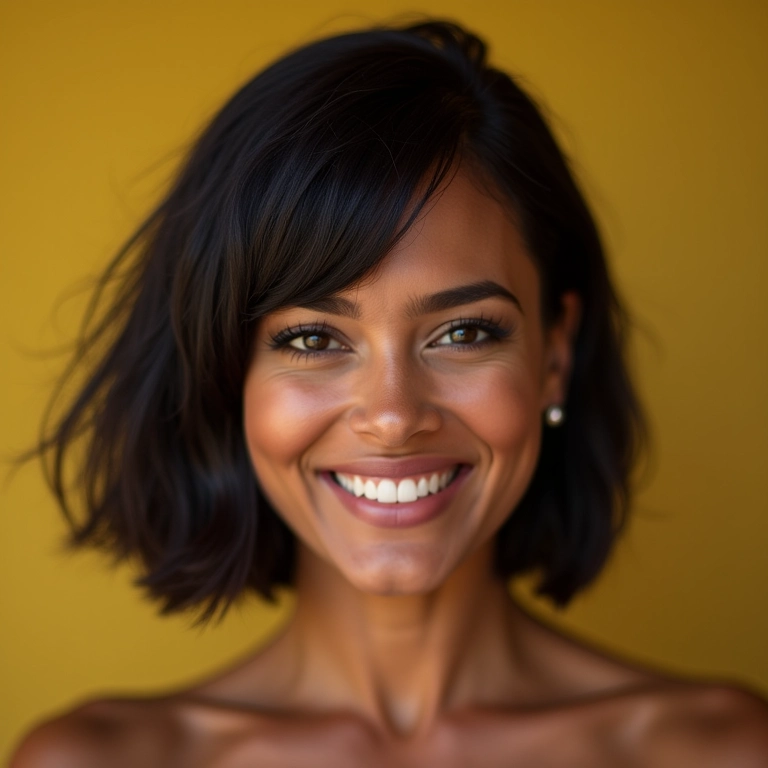 Mulher brasileira sorrindo com corte blunt bob moderno.