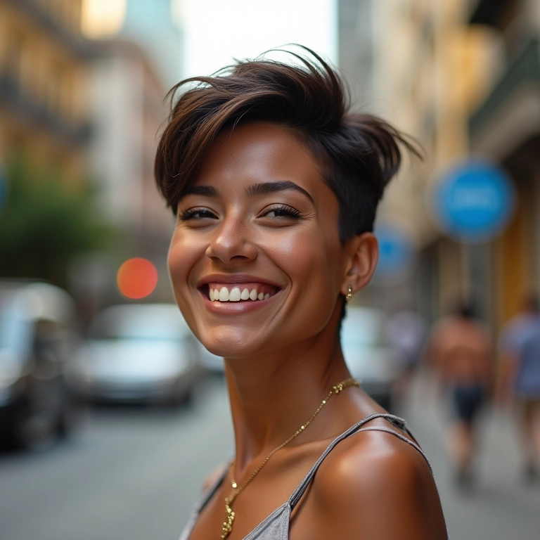 Mulher brasileira sorrindo com corte de cabelo curto moderno em rua vibrante do Rio de Janeiro.