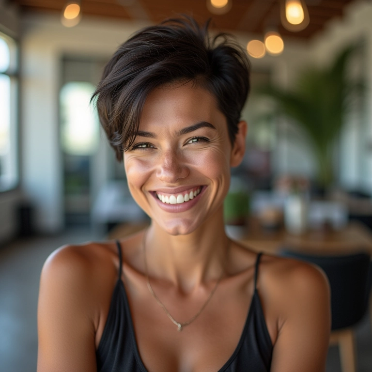Mulher brasileira sorrindo com corte de cabelo curto moderno em salão de beleza iluminado.
