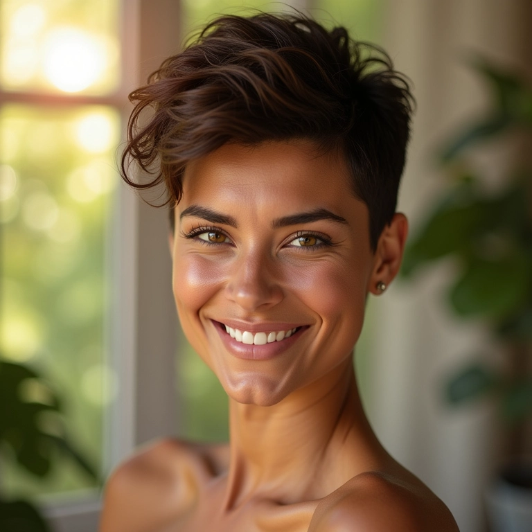 Mulher brasileira sorrindo com corte de cabelo wolf cut moderno.