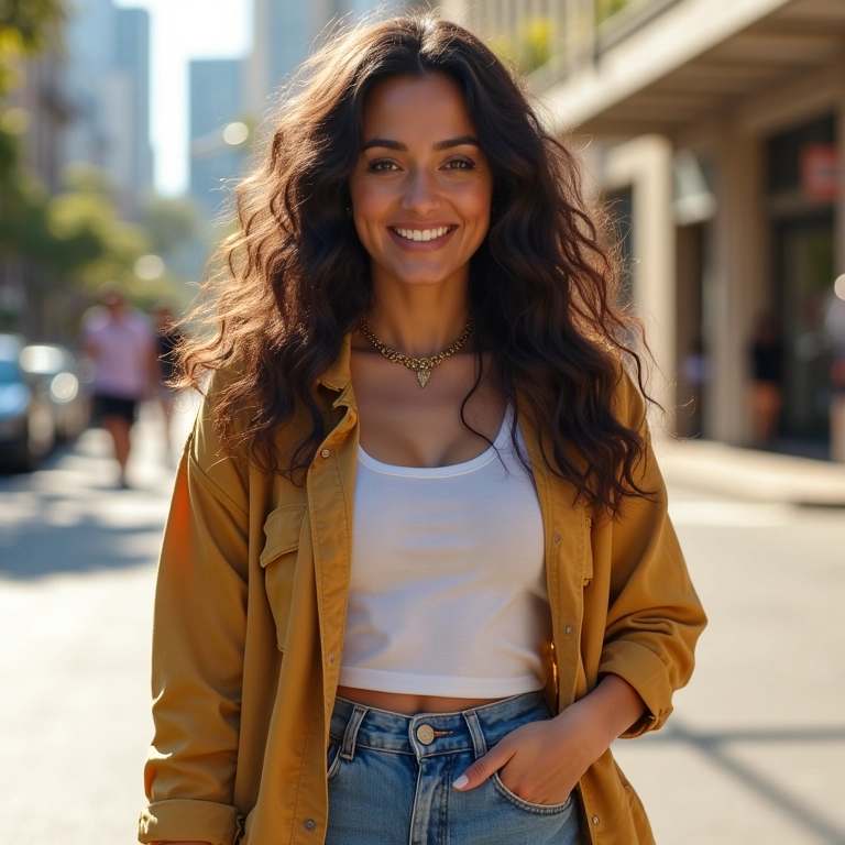 Mulher brasileira sorrindo com look casual estiloso e calça jeans.