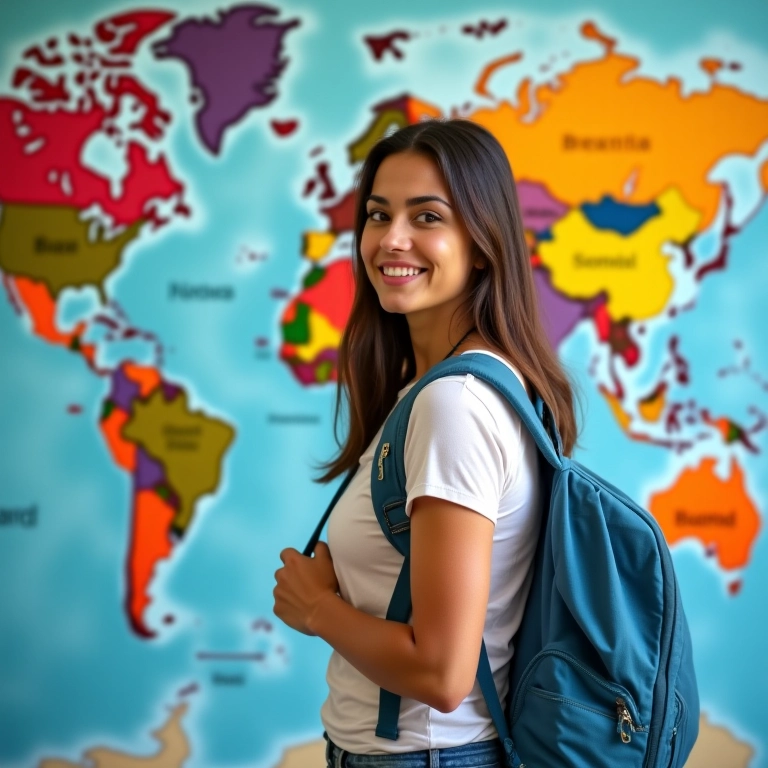 Mulher brasileira sorrindo com mochila de viagem e mapa mundi ao fundo.