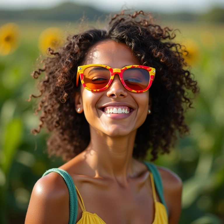 Mulher brasileira sorrindo com óculos coloridos, transmitindo alegria.
