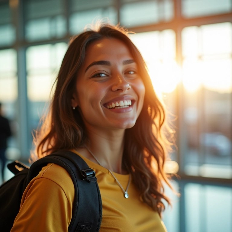 Mulher brasileira sorrindo confiante em aeroporto, pronta para viajar sozinha