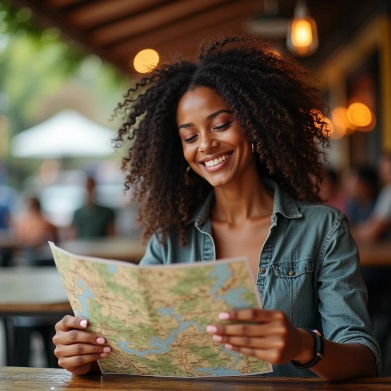 Mulher brasileira sorrindo e consultando mapa em um café ao ar livre, transmitindo confiança e alegria.