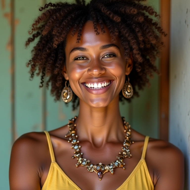 Mulher brasileira sorrindo e exibindo diversos acessórios femininos da moda.
