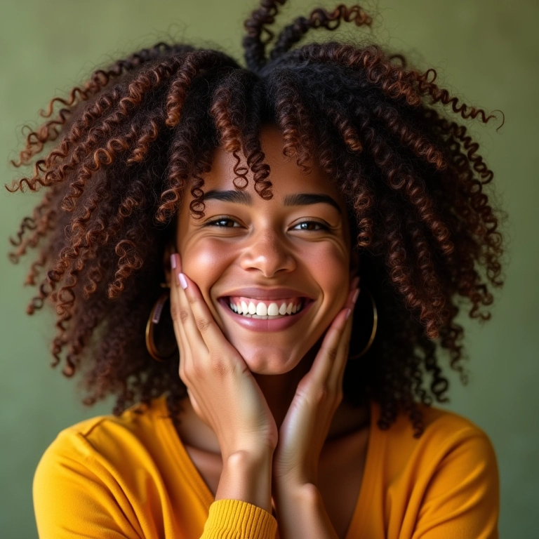 Mulher brasileira sorrindo e exibindo seus cachos naturais, representando a liberdade capilar.