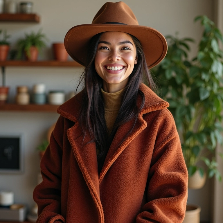 Mulher brasileira sorrindo e usando casacos estilosos para o inverno 2025.