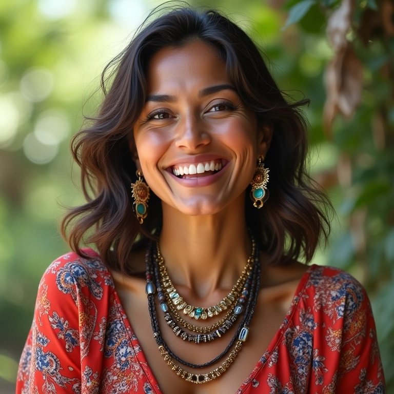 Mulher brasileira sorrindo e usando diversos acessórios coloridos.